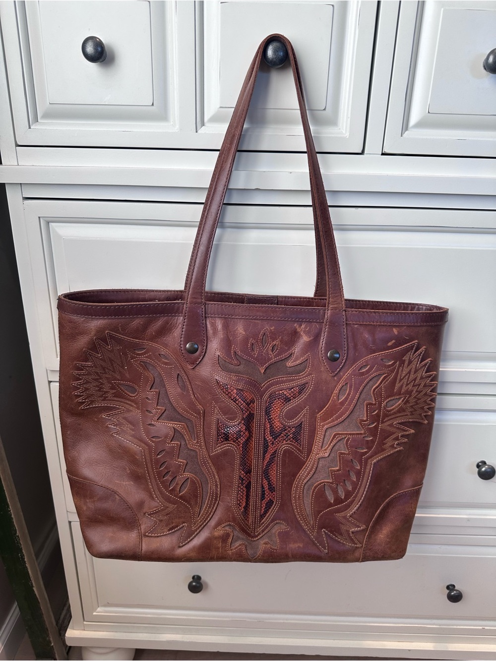 Frye Brown Leather Embroidered Tote with Subtle Red Accents